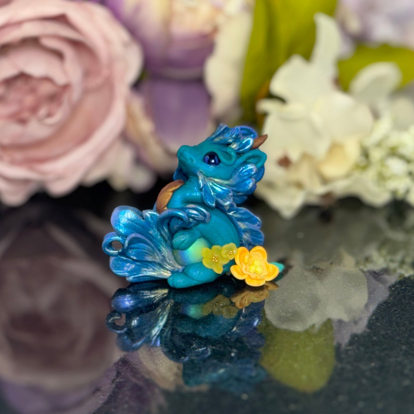 Teal Marble Dragon Desk Pet with flower