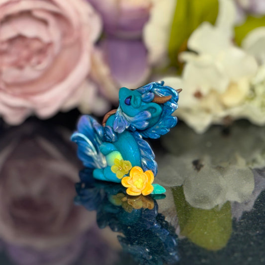 Teal Marble Dragon Desk Pet with flower