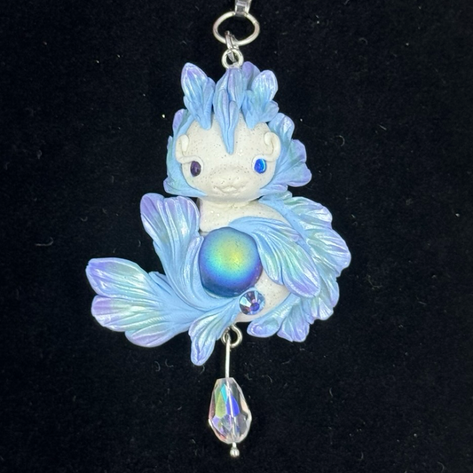 White Blue, Purple and Green Shimmer Baby Dragon Pendant with Crystal