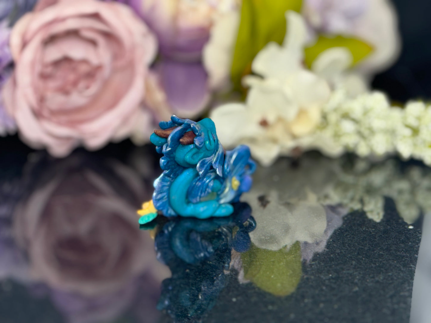Teal Marble Dragon Desk Pet with flower