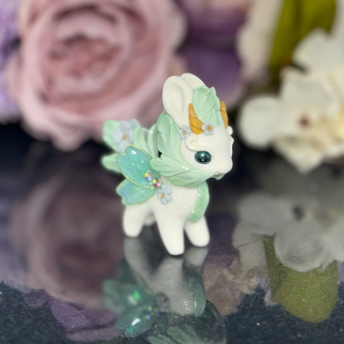 White and Mint Green Bunnigon with Blue Flowers