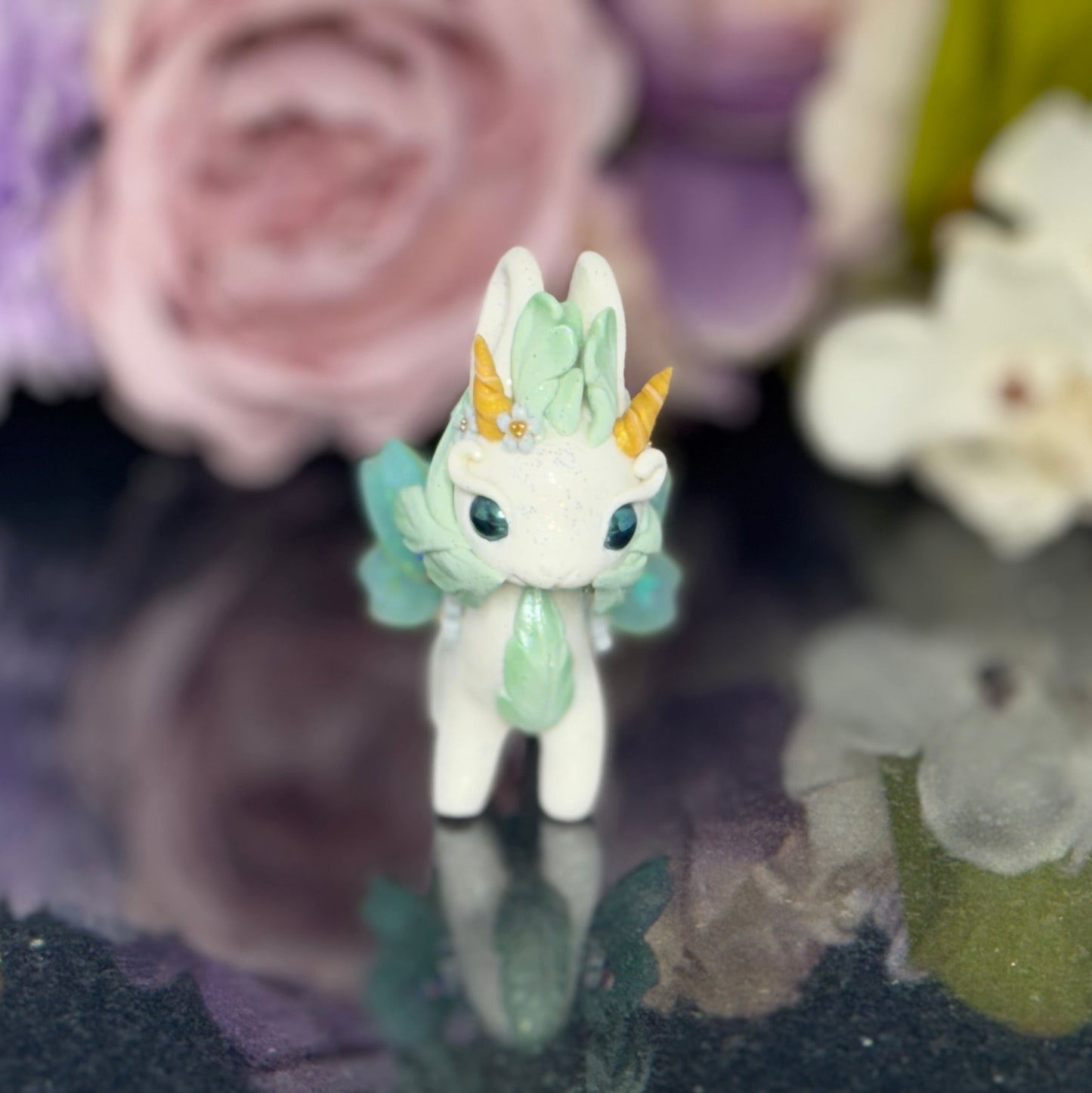 White and Mint Green Bunnigon with Blue Flowers