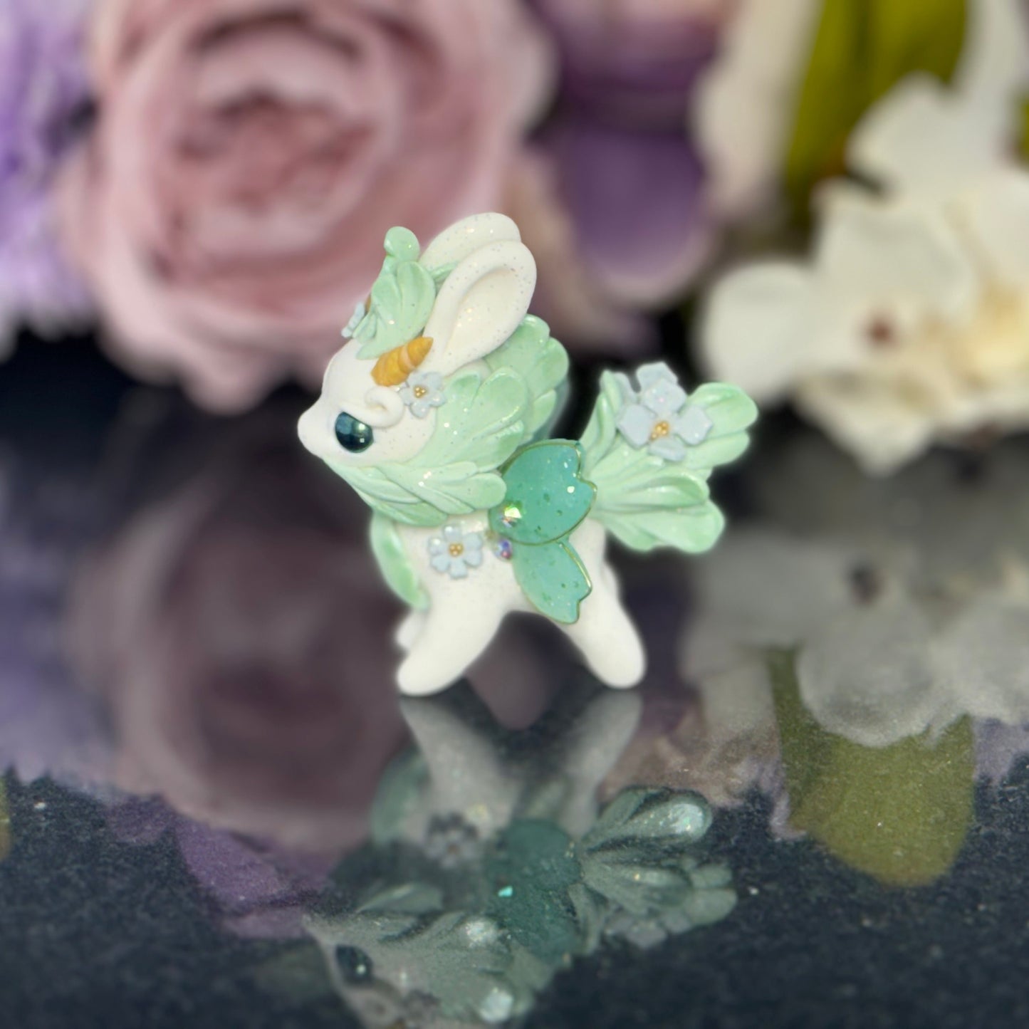 White and Mint Green Bunnigon with Blue Flowers