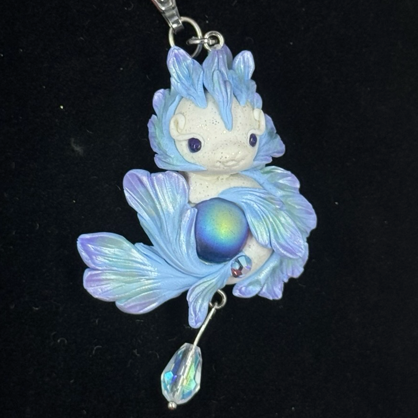 White Blue, Purple and Green Shimmer Baby Dragon Pendant with Crystal