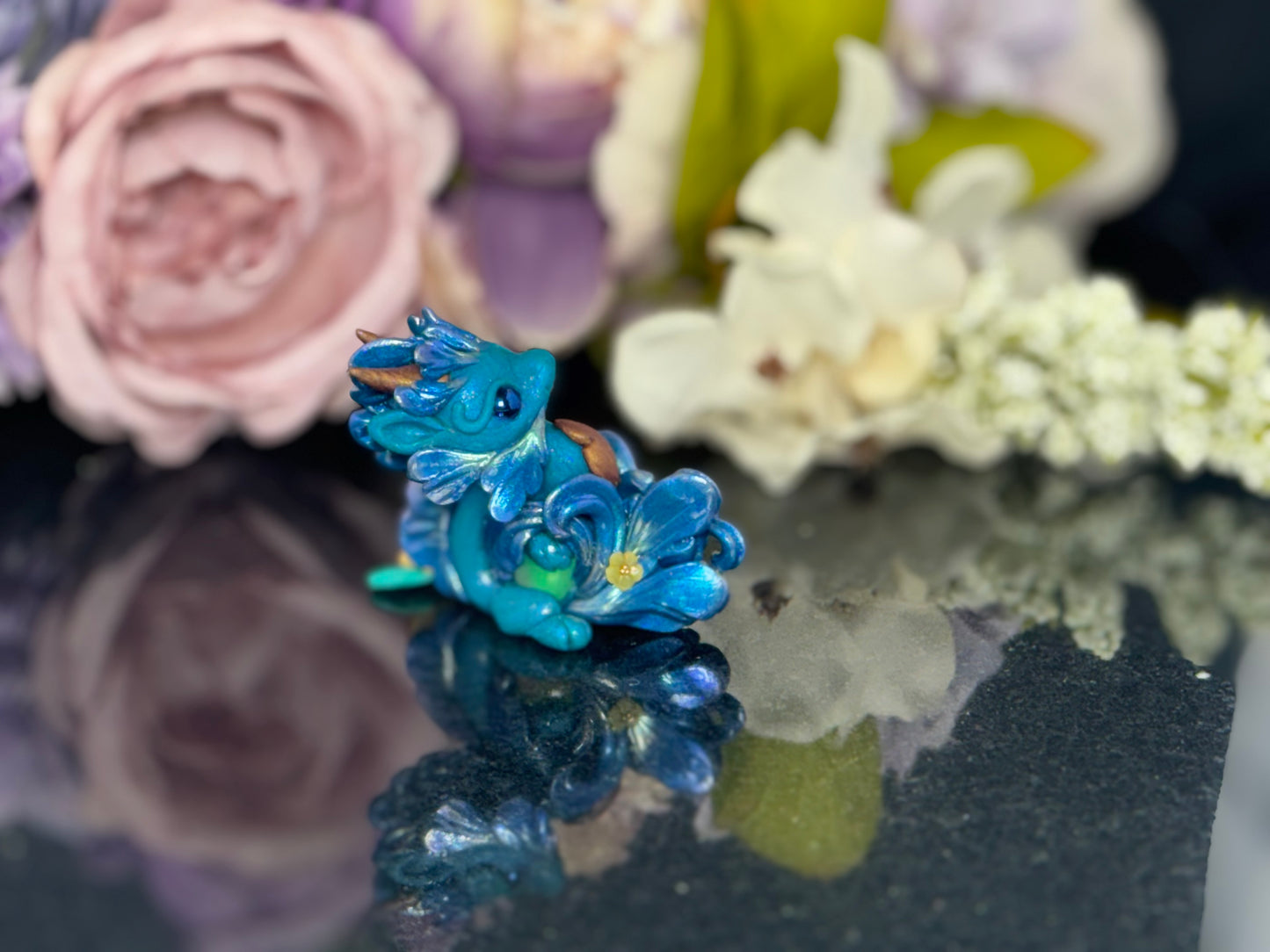 Teal Marble Dragon Desk Pet with flower