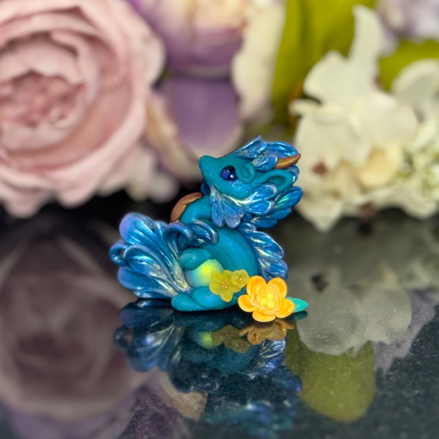 Teal Marble Dragon Desk Pet with flower