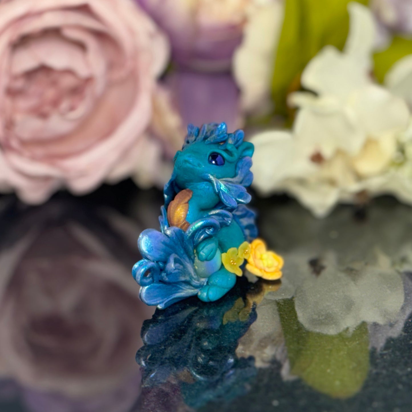 Teal Marble Dragon Desk Pet with flower
