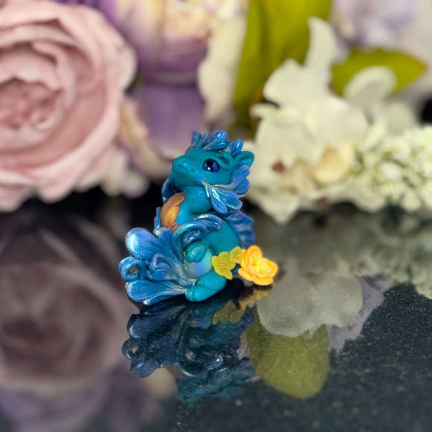 Teal Marble Dragon Desk Pet with flower