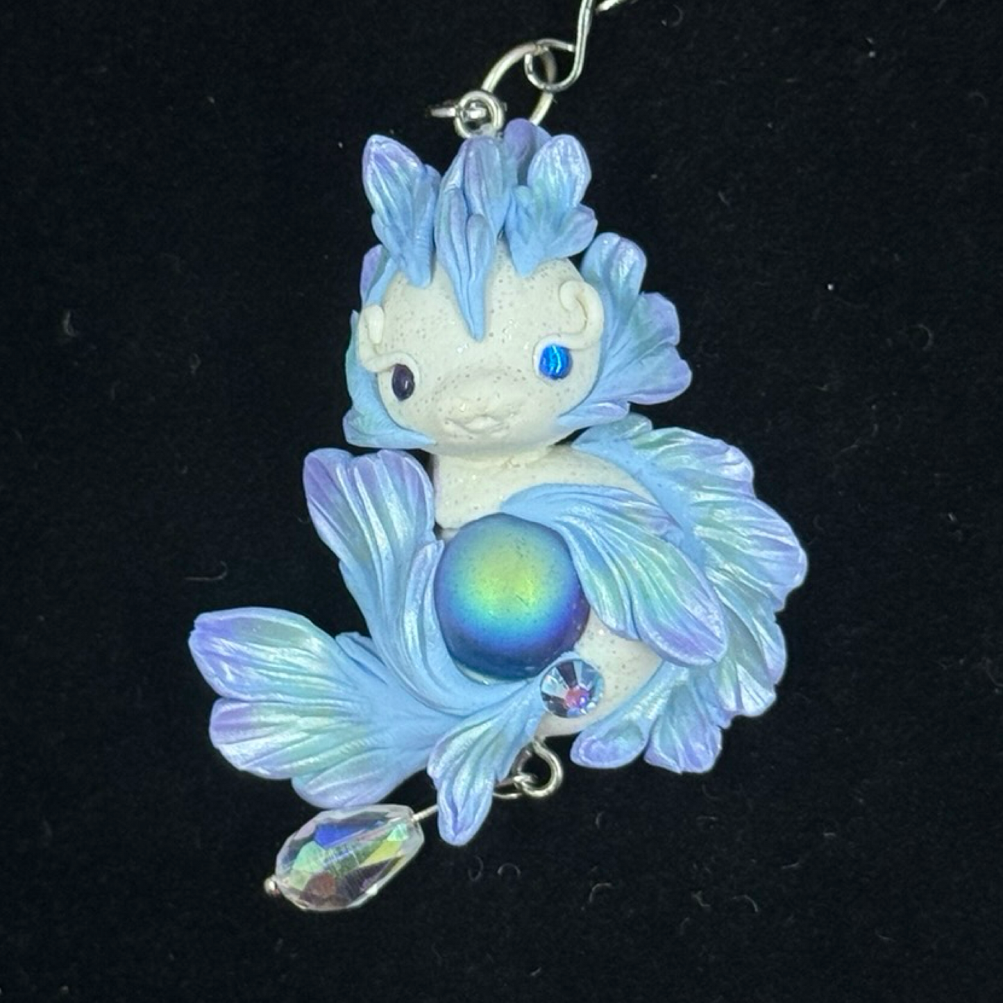 White Blue, Purple and Green Shimmer Baby Dragon Pendant with Crystal