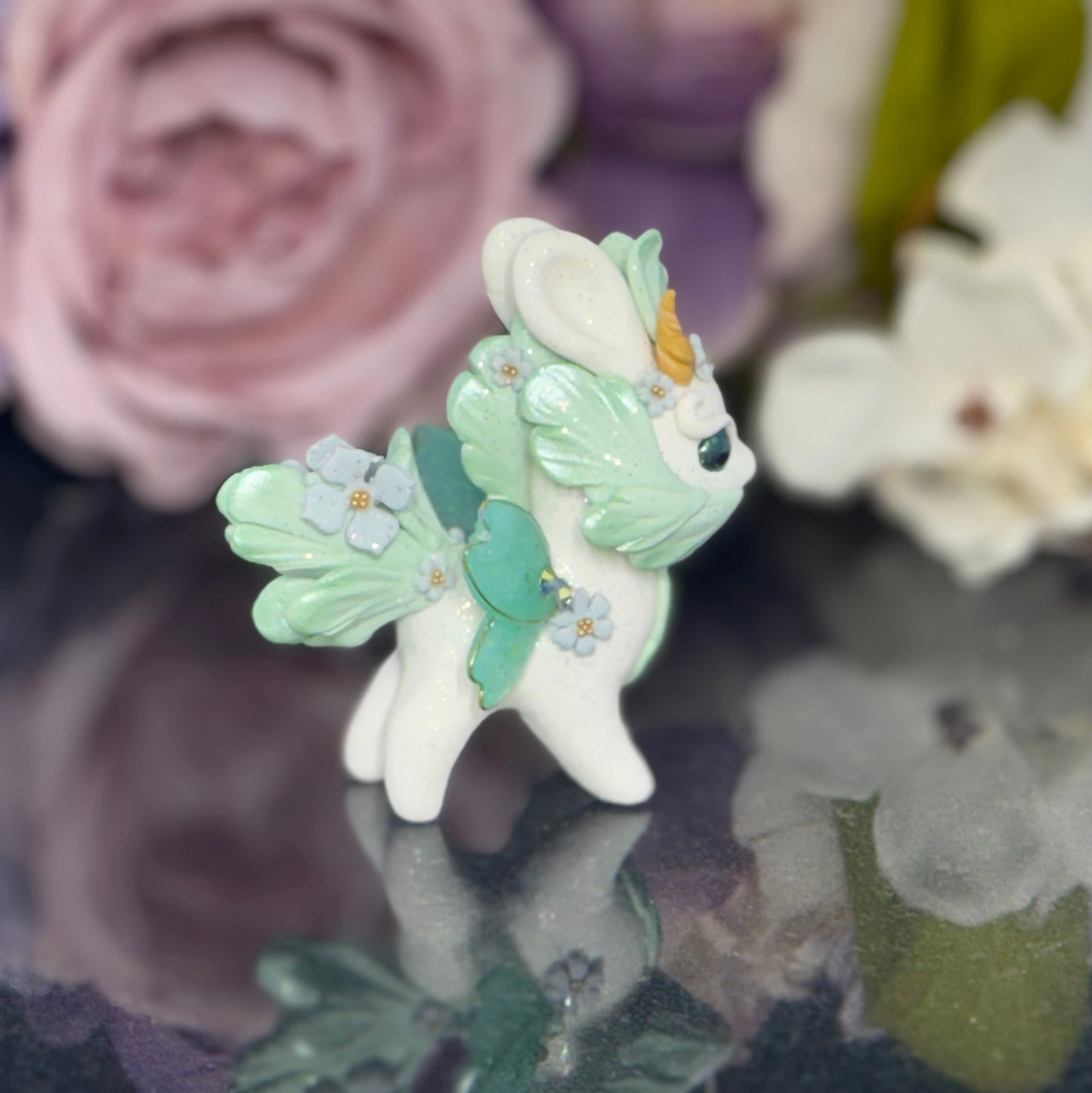 White and Mint Green Bunnigon with Blue Flowers