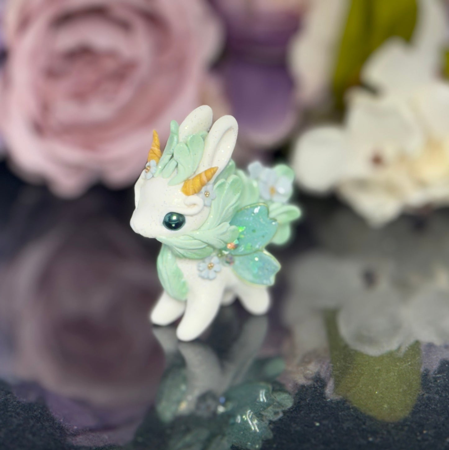 White and Mint Green Bunnigon with Blue Flowers