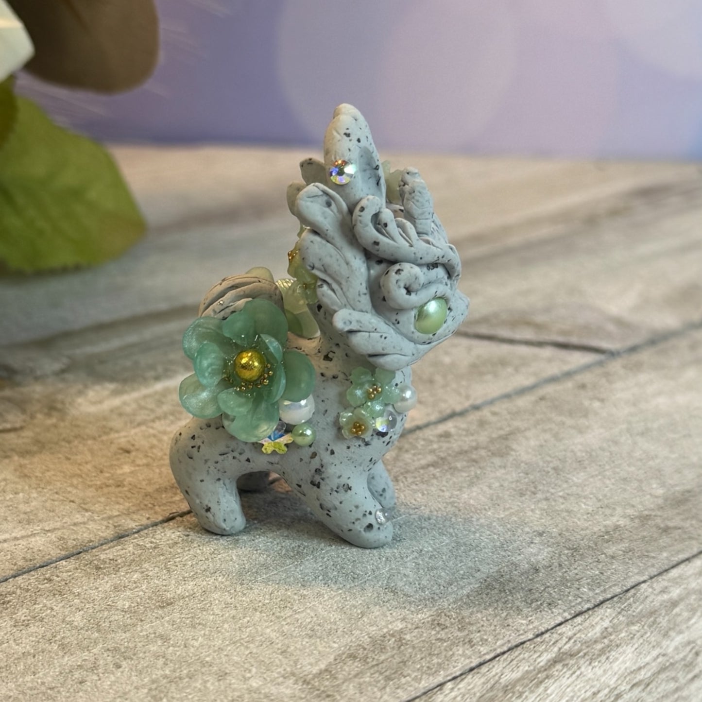 Tiny Stone Bunnigon with Mint Green Eyes and Flowers