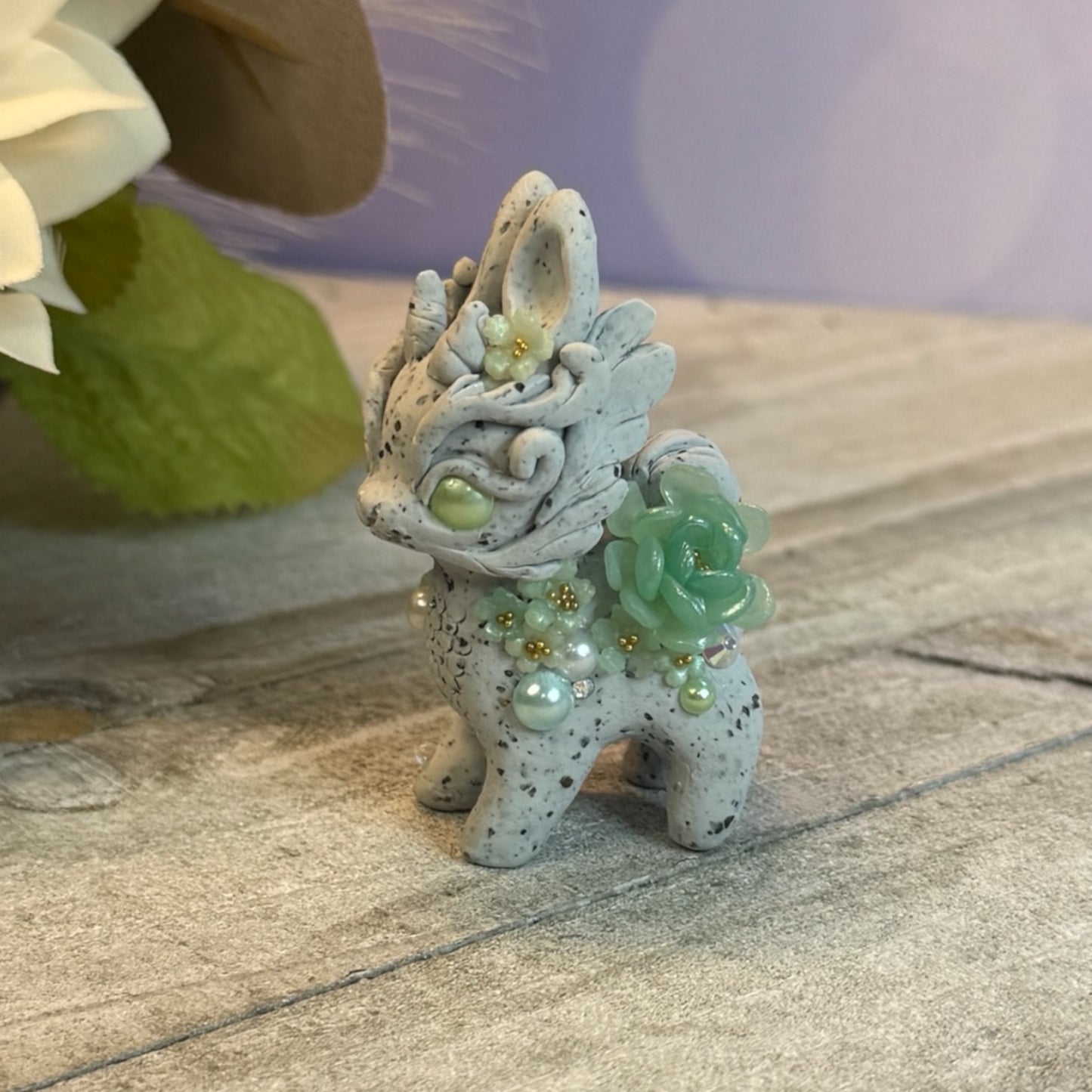 Tiny Stone Bunnigon with Mint Green Eyes and Flowers