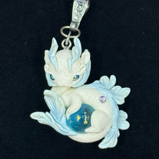 Mini White and Ice Blue Baby Dragon Pendant