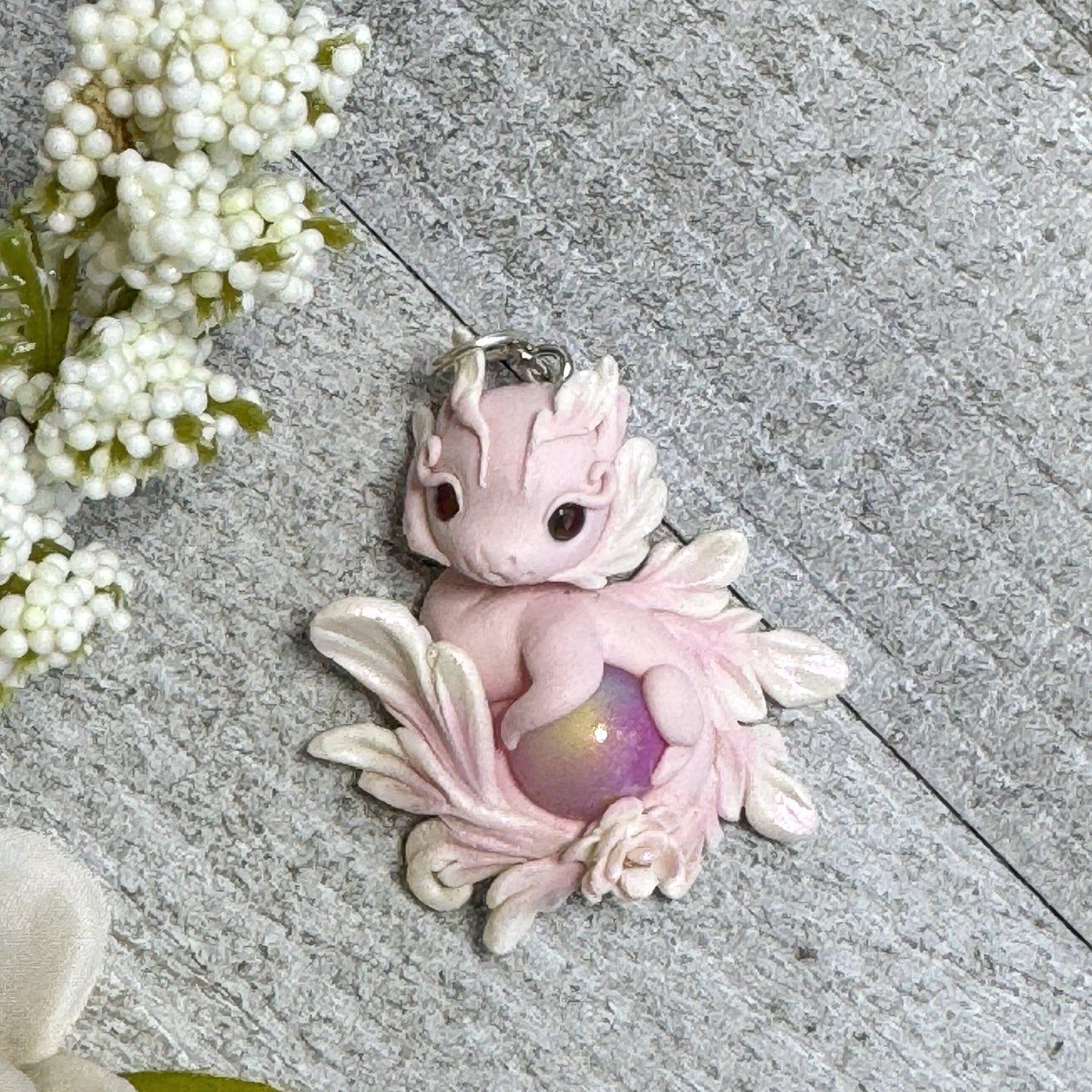 Mini Pale Pink and White Baby Dragon Pendant