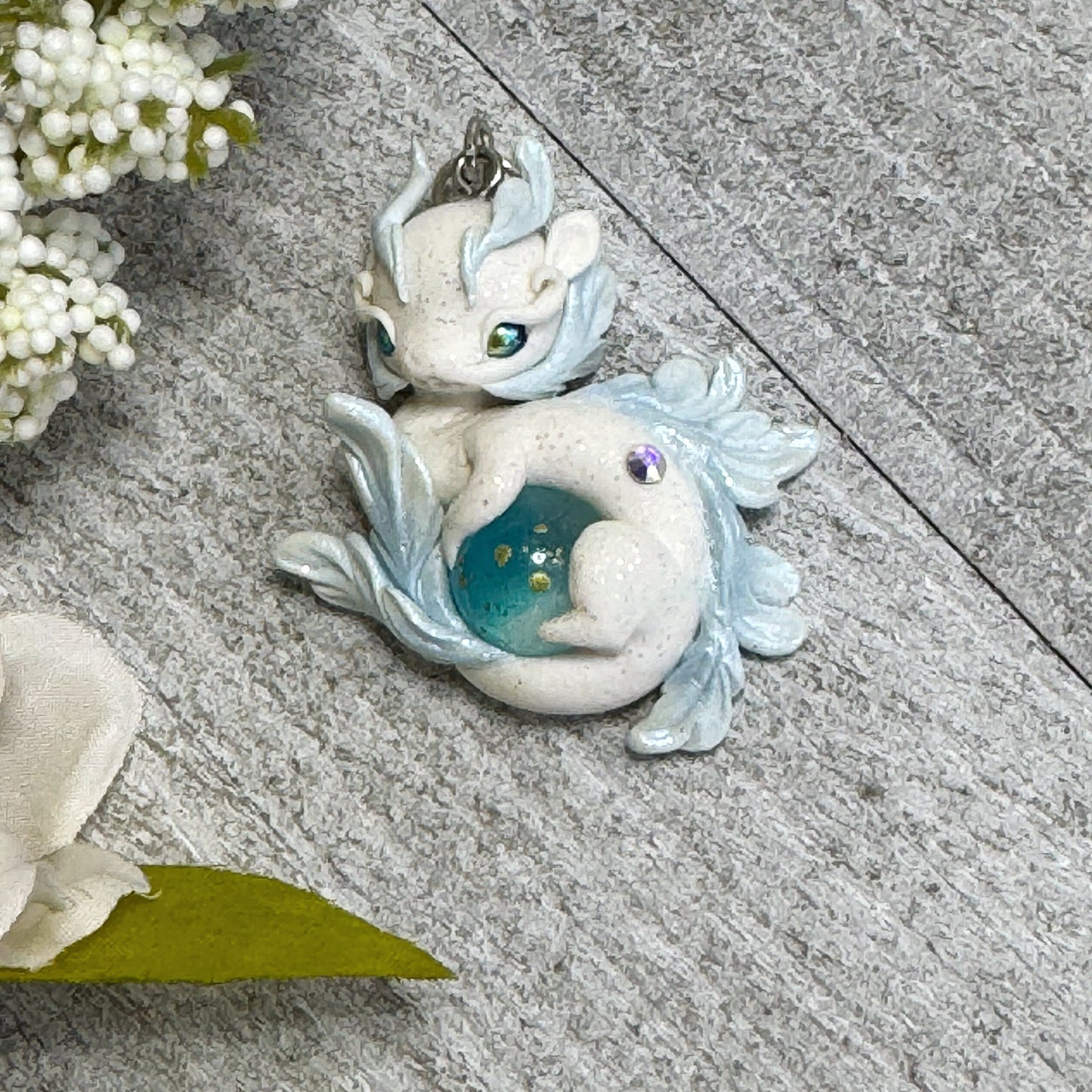 Mini White and Ice Blue Baby Dragon Pendant