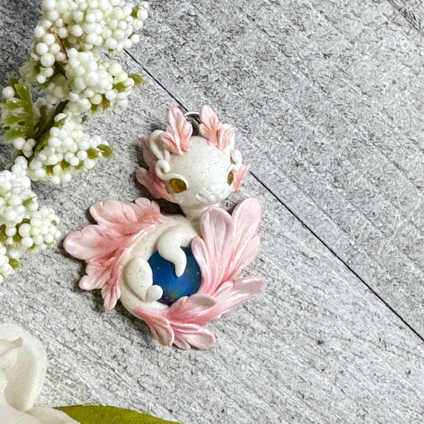 Medium White and Pale Pink Baby Dragon Pendant