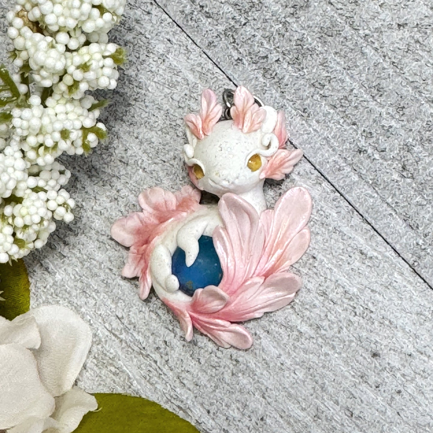Medium White and Pale Pink Baby Dragon Pendant