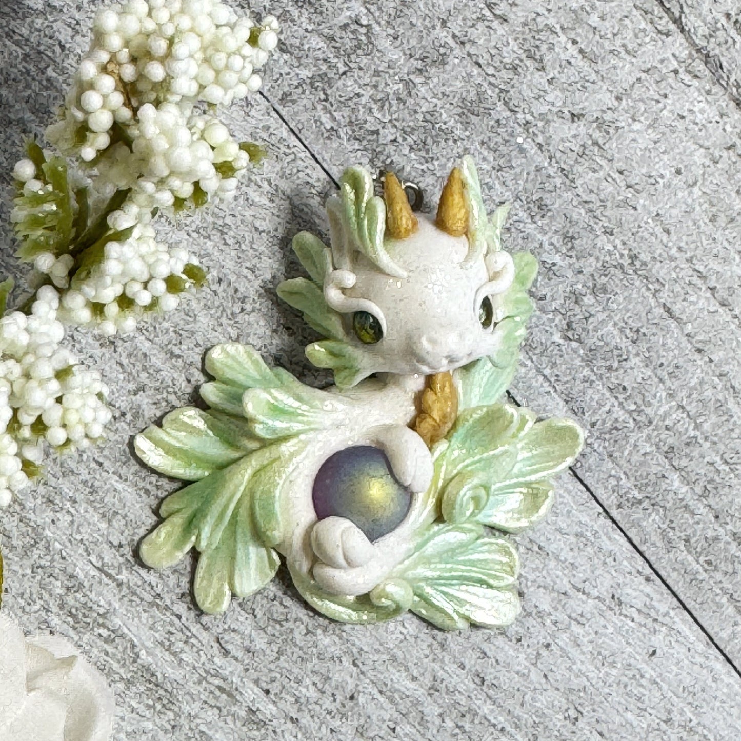 White and Mint Green Baby Dragon Pendant
