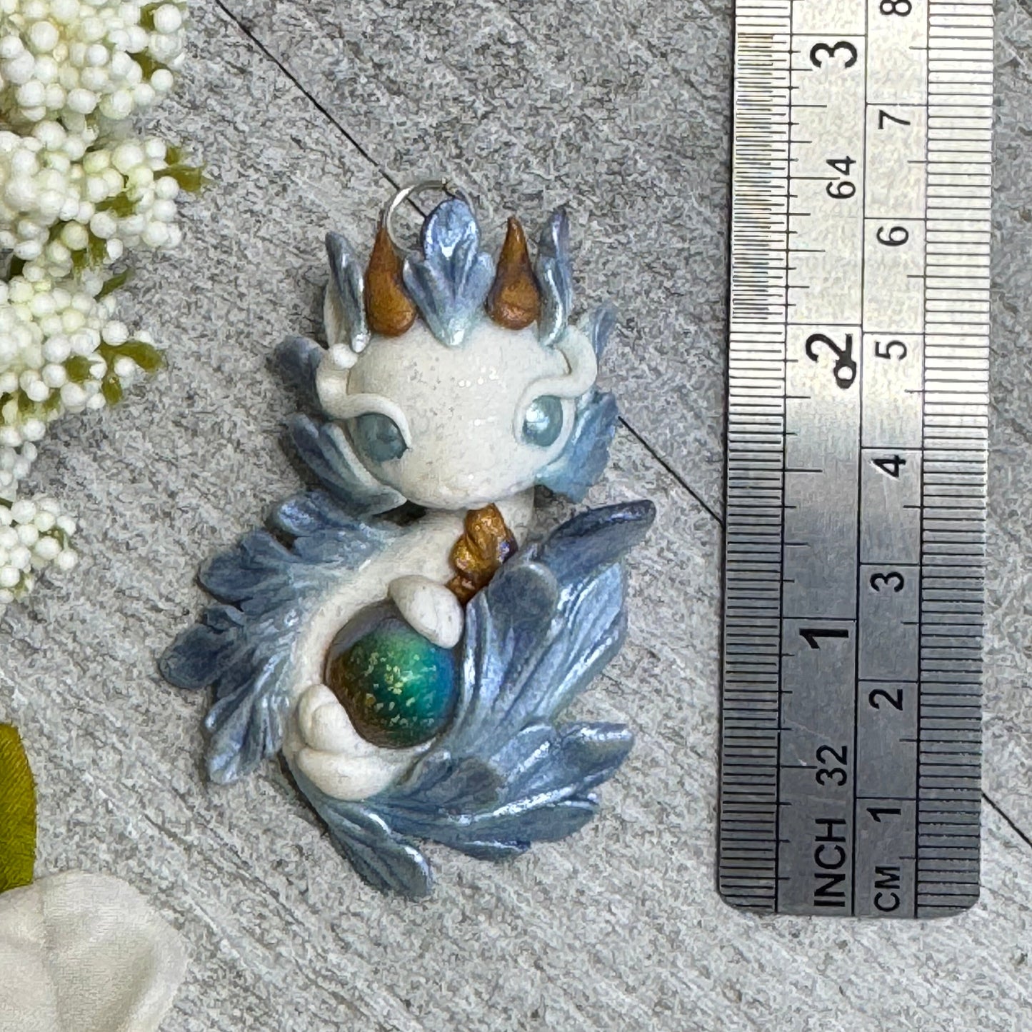 White and Blue Shimmer Baby Dragon Pendant