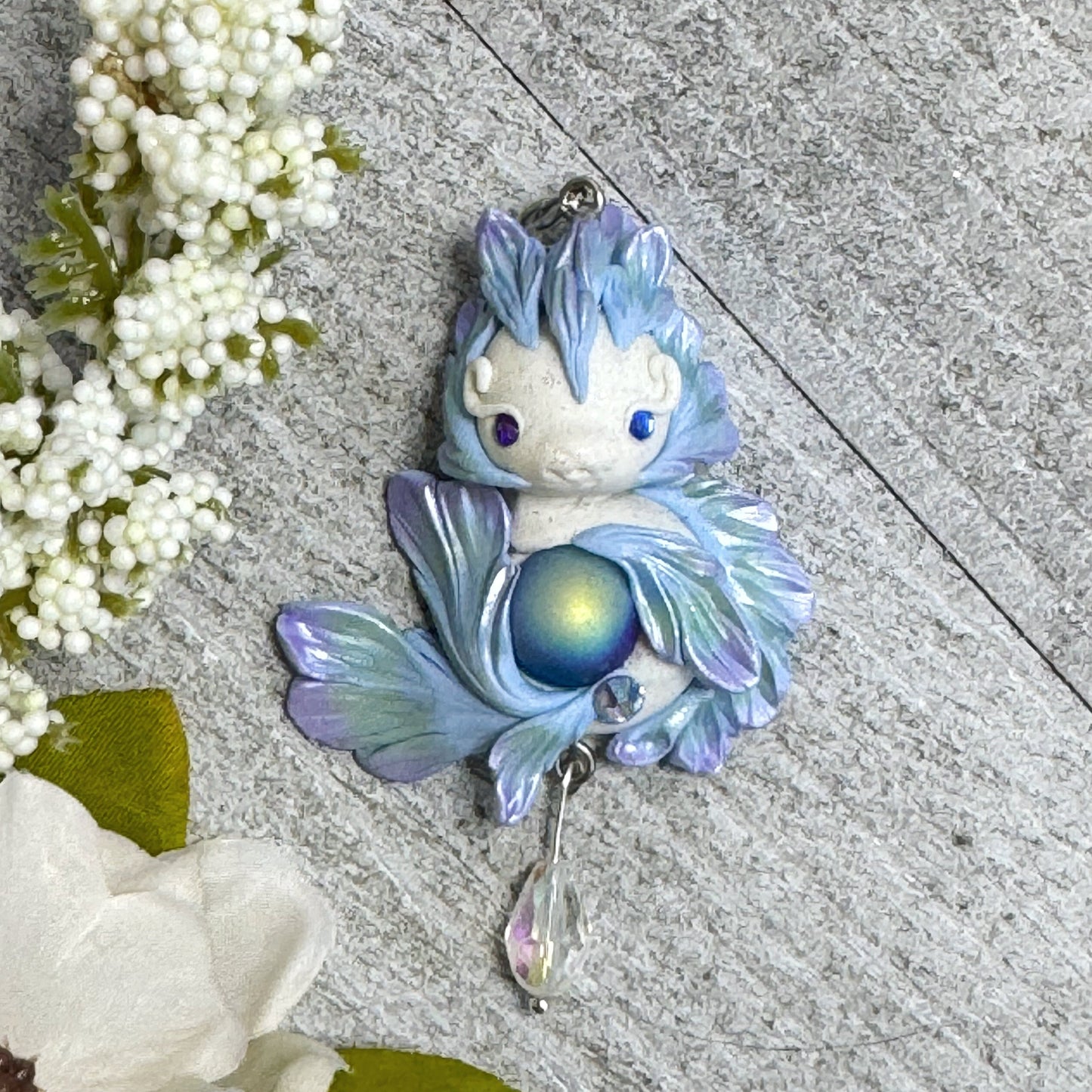 White Blue, Purple and Green Shimmer Baby Dragon Pendant with Crystal