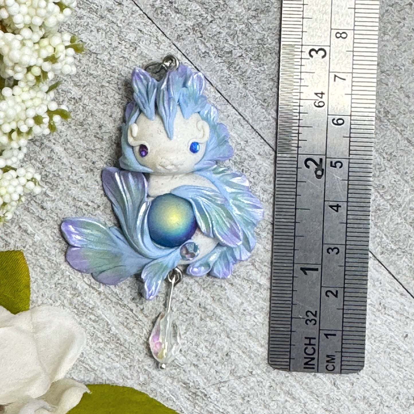 White Blue, Purple and Green Shimmer Baby Dragon Pendant with Crystal