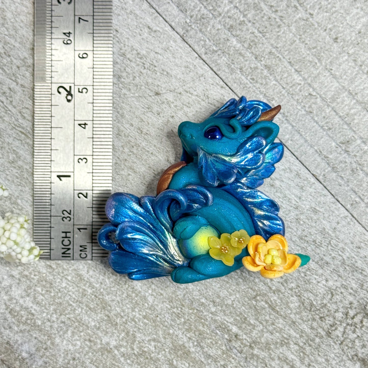 Teal Marble Dragon Desk Pet with flower