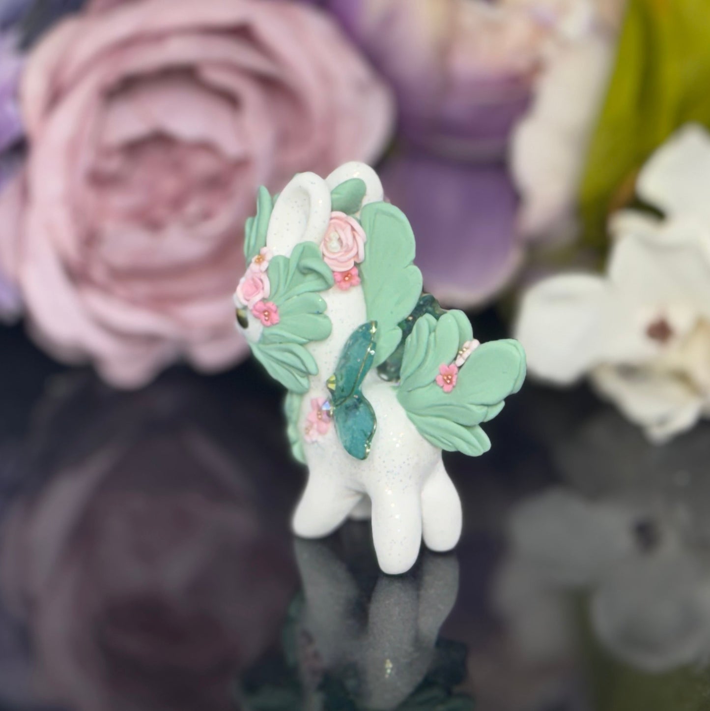 White and Sage Green Bunnigon with Pink Flowers