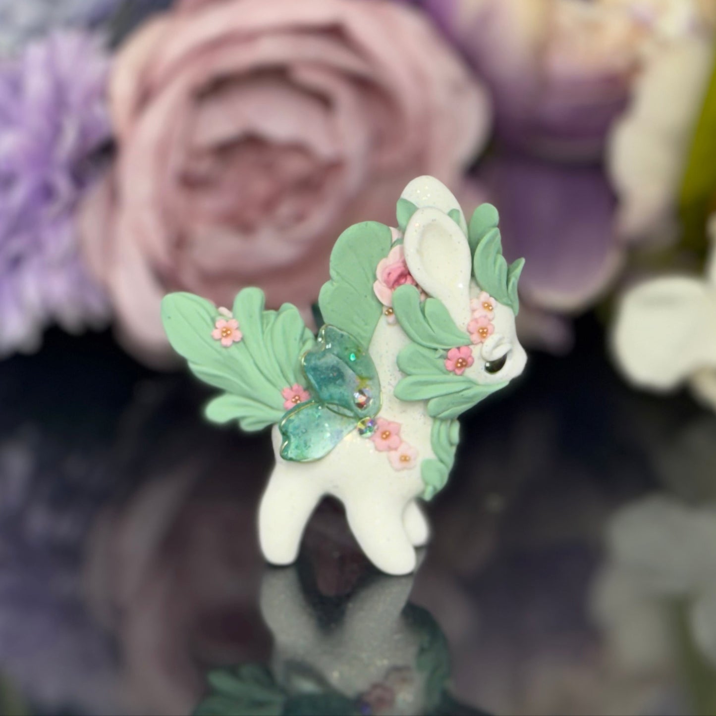 White and Sage Green Bunnigon with Pink Flowers