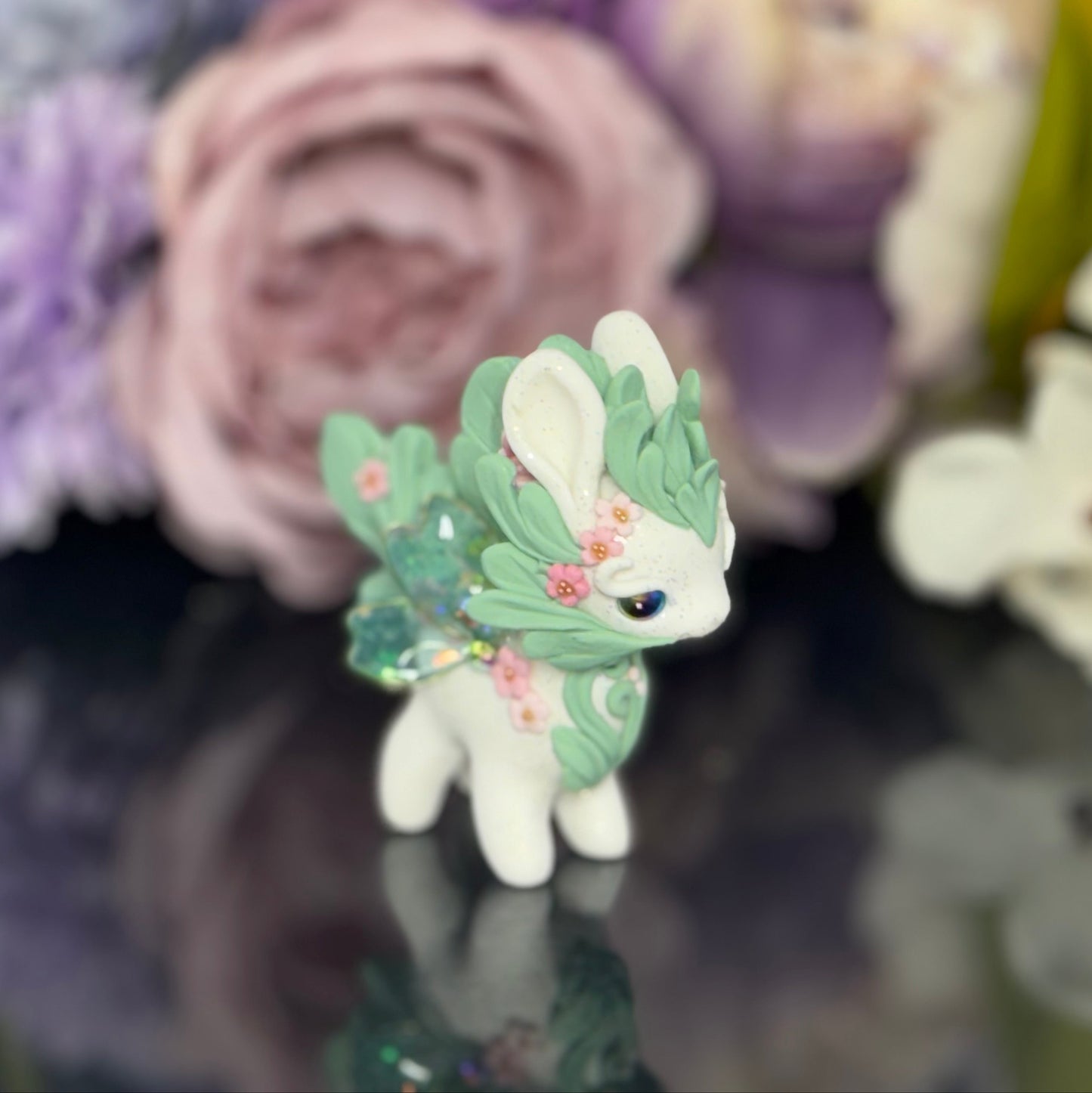 White and Sage Green Bunnigon with Pink Flowers
