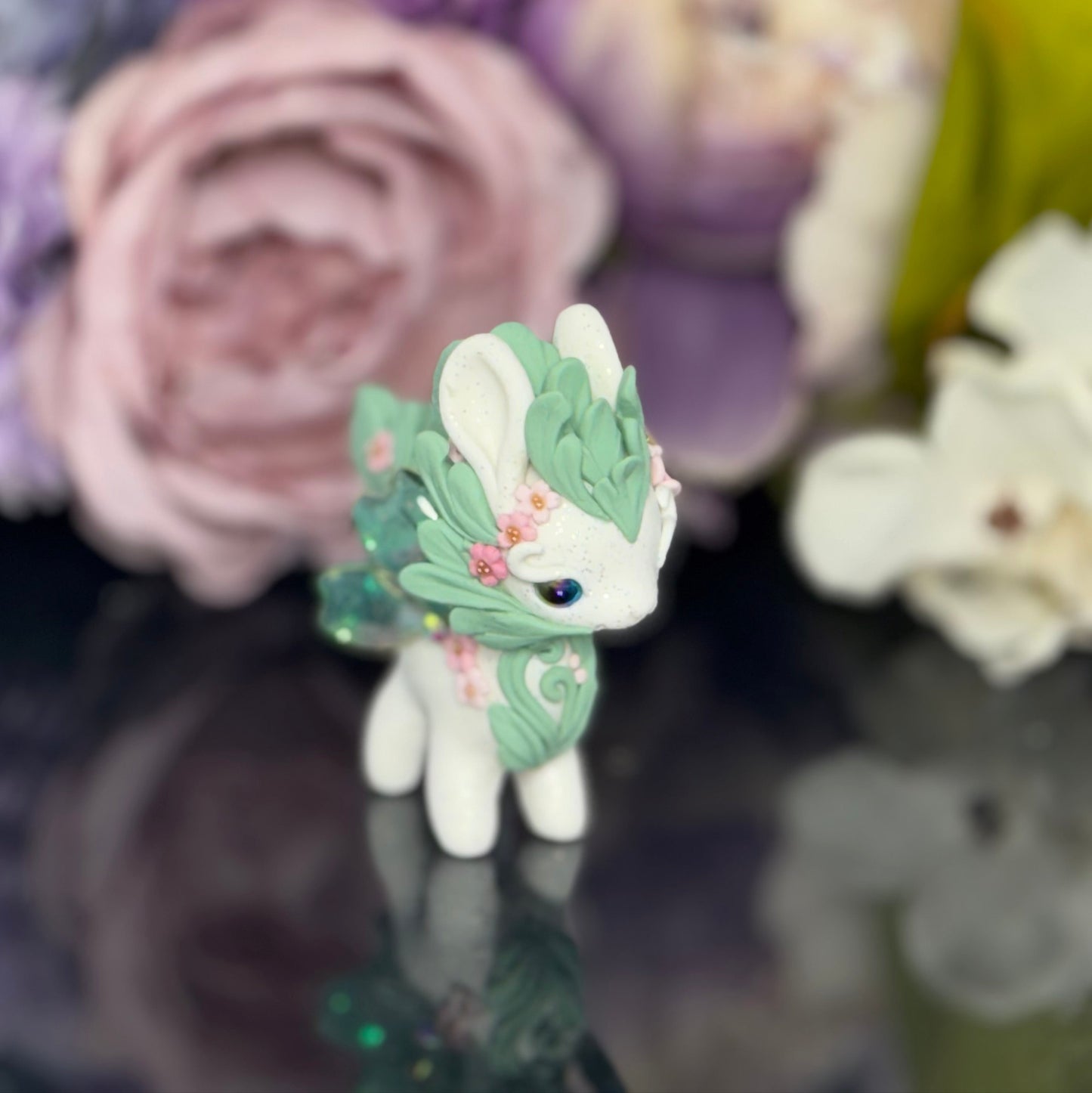 White and Sage Green Bunnigon with Pink Flowers