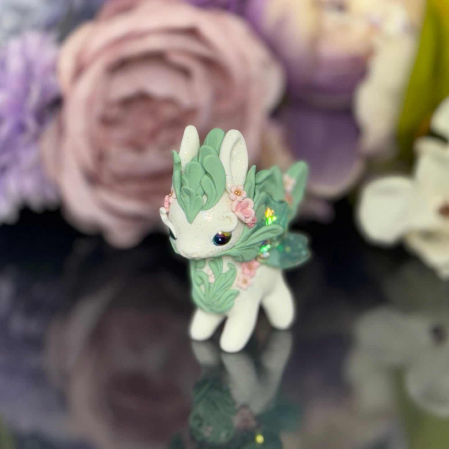 White and Sage Green Bunnigon with Pink Flowers