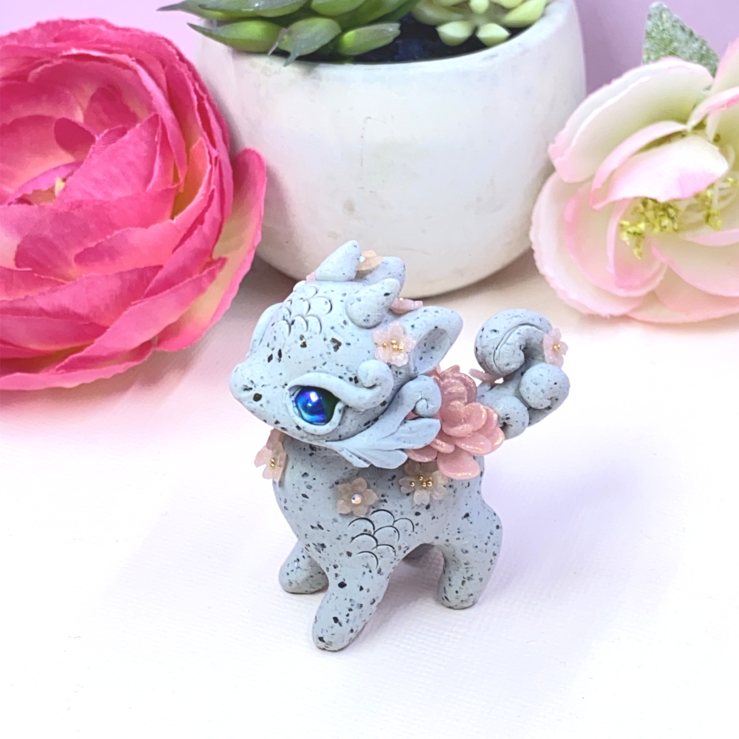 Stone Dragon with Pink Succulents