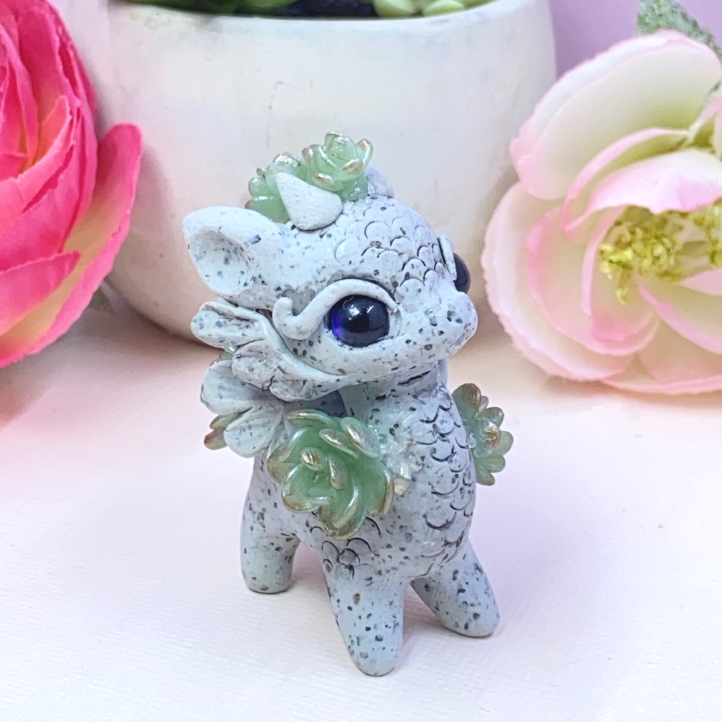 Stone Dragon with Green Gold Succulents