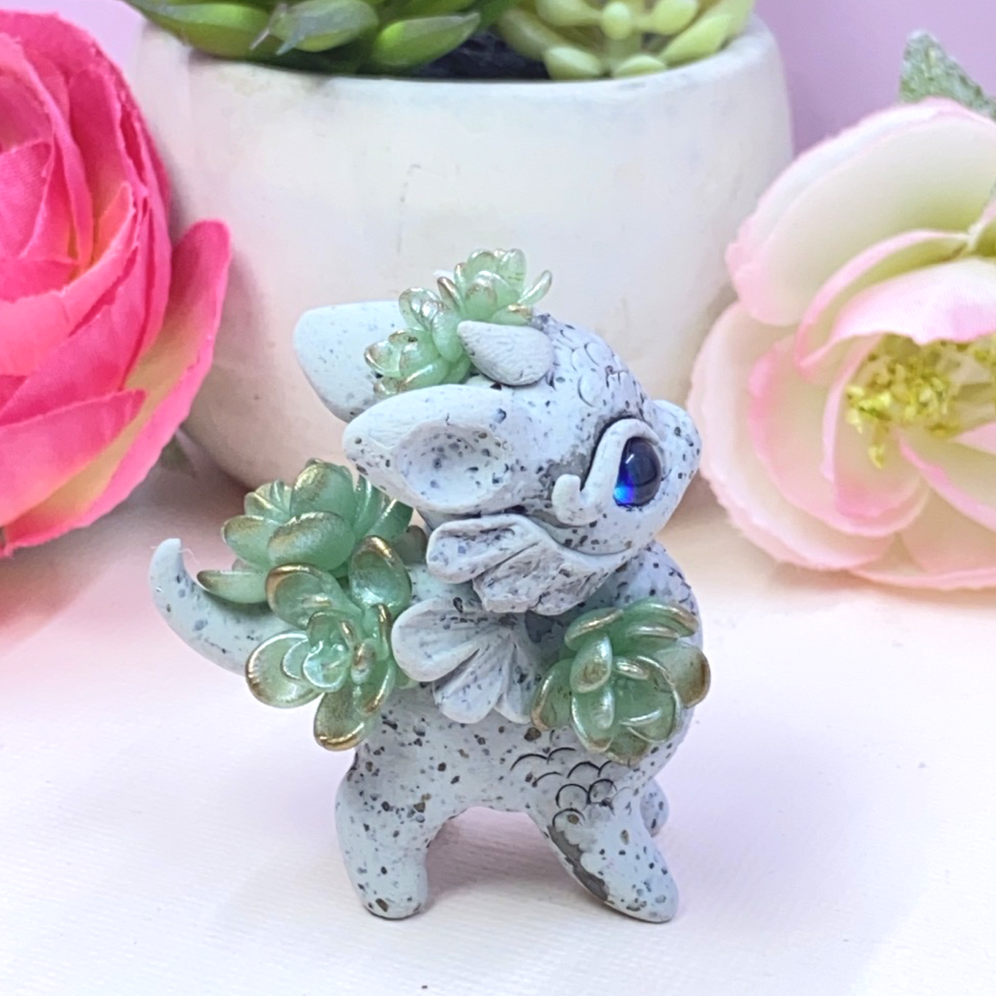 Stone Dragon with Green Gold Succulents