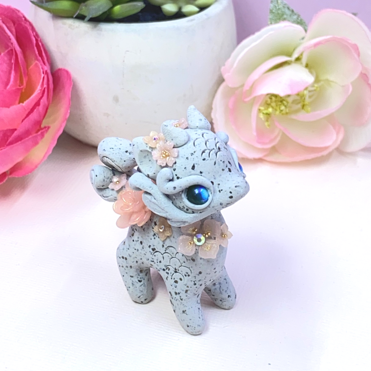 Stone Dragon with Pink Succulents