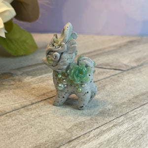Tiny Stone Bunnigon with Mint Green Eyes and Flowers
