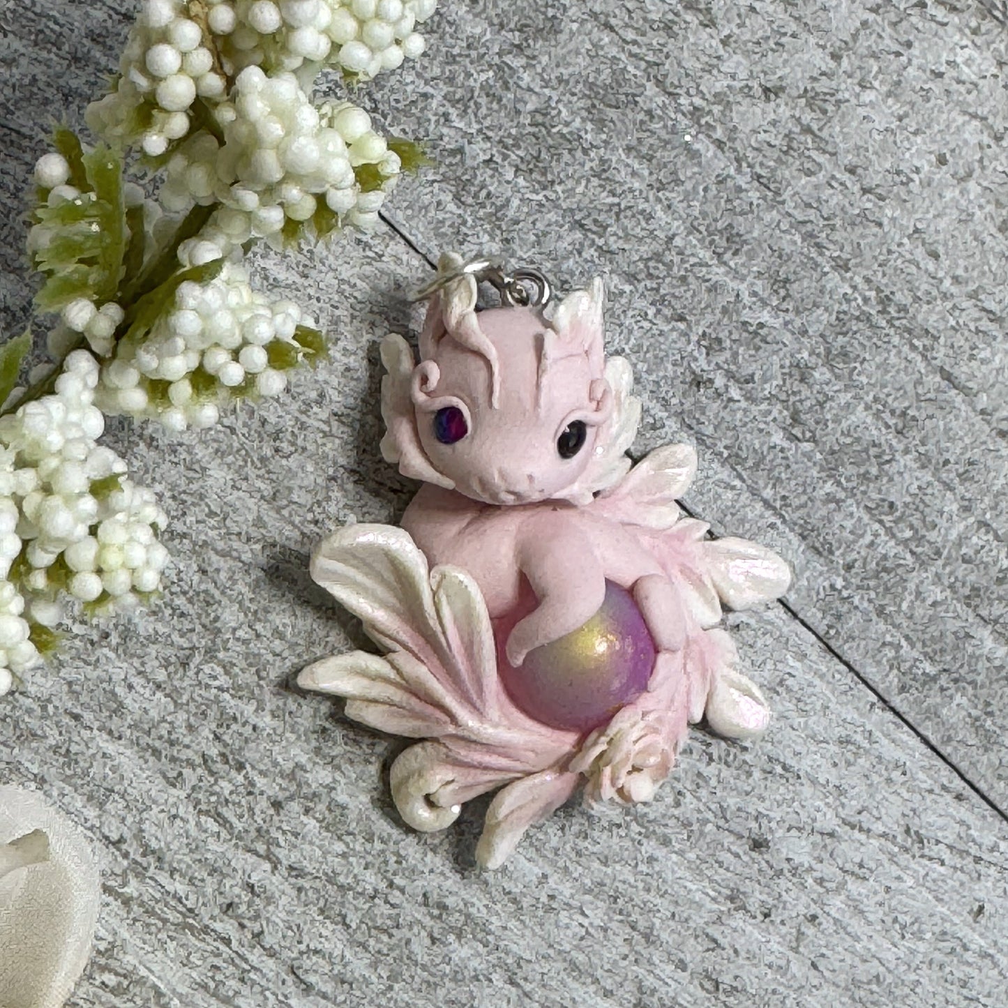 Mini Pale Pink and White Baby Dragon Pendant
