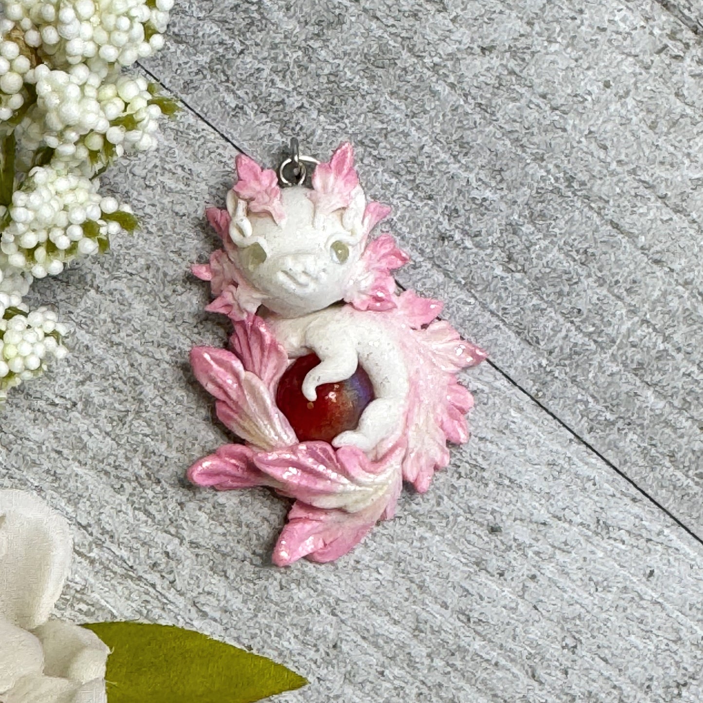 Medium White and Bright Pink Baby Dragon Pendant