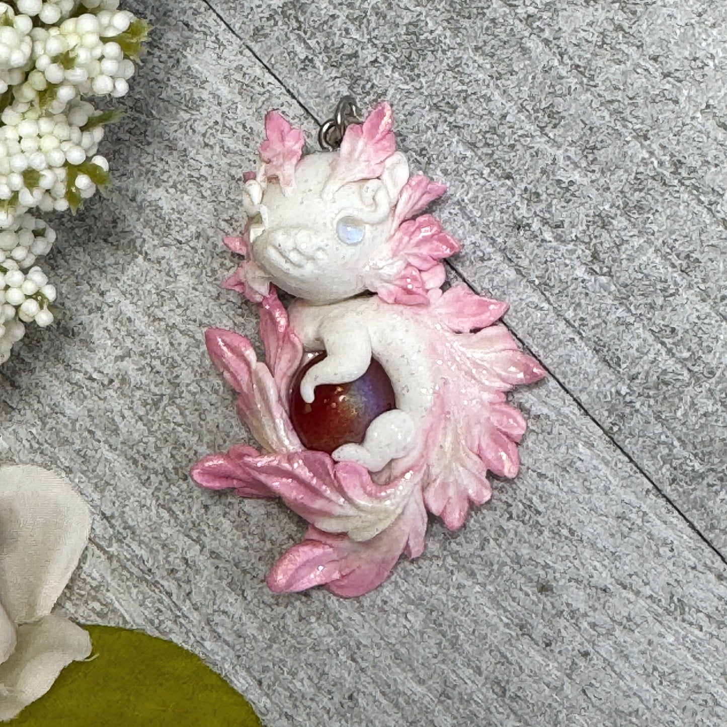 Medium White and Bright Pink Baby Dragon Pendant