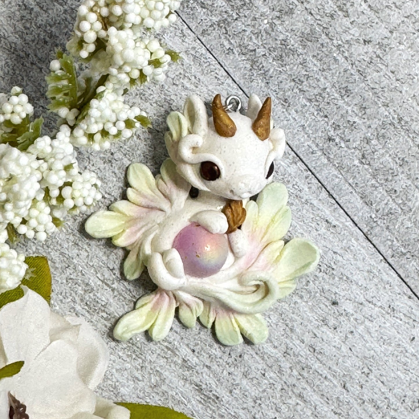 White, Yellow, Pink and Pale Green Baby Dragon Pendant