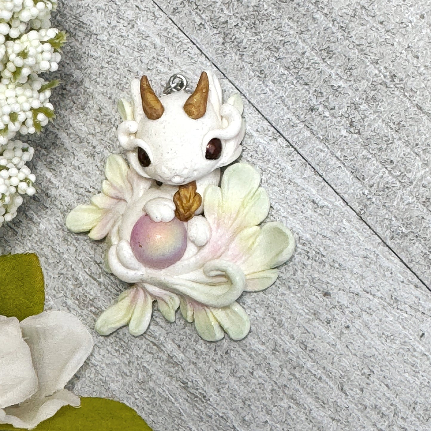 White, Yellow, Pink and Pale Green Baby Dragon Pendant