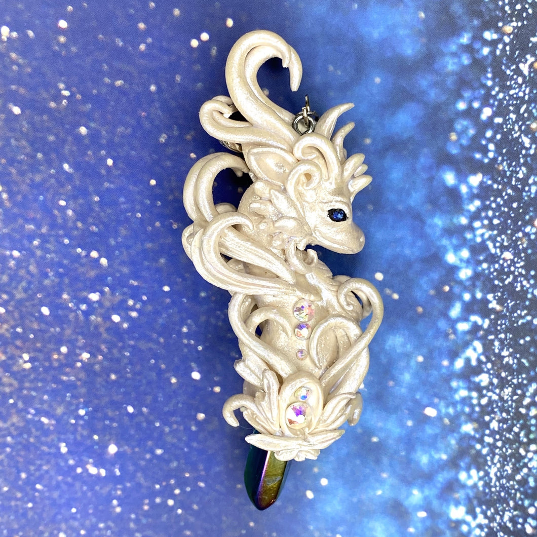 White Pearl Dragon with Titanium Crystal Pendant