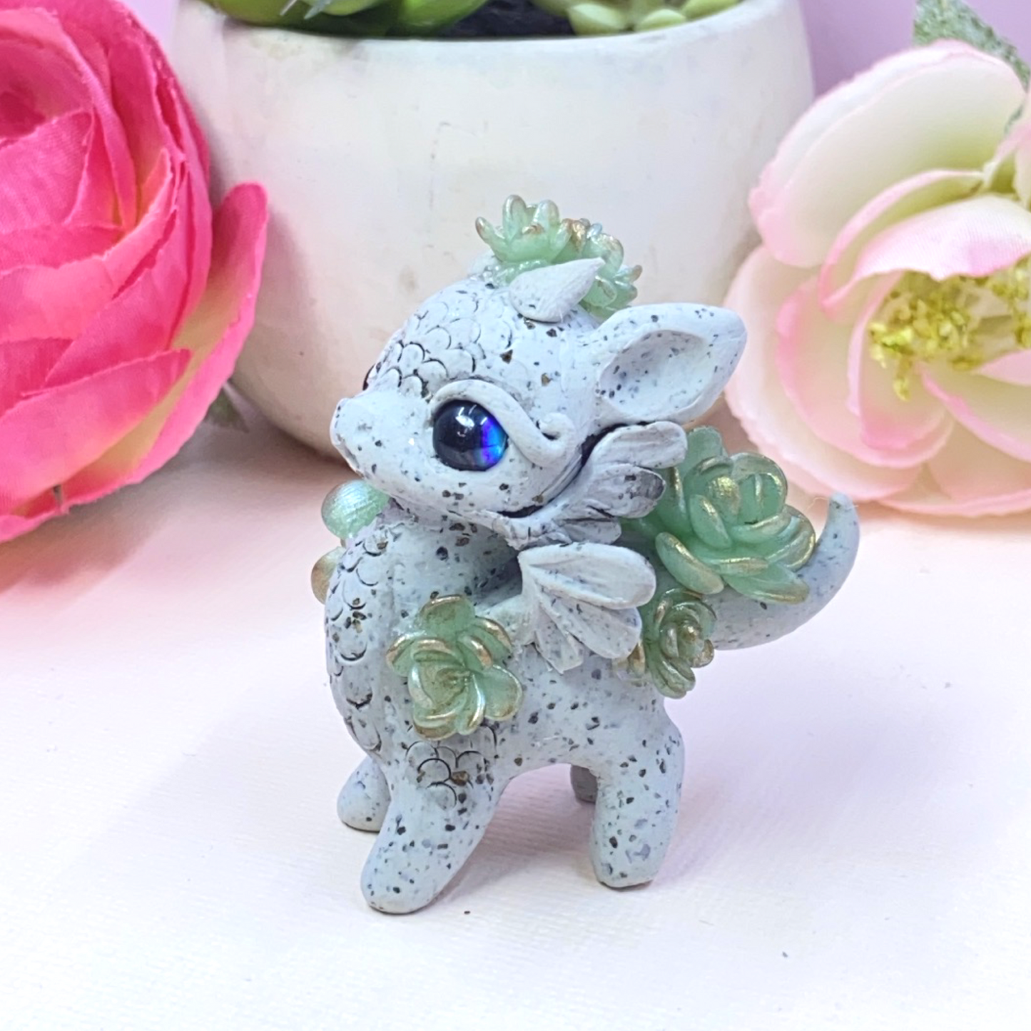 Stone Dragon with Green Gold Succulents